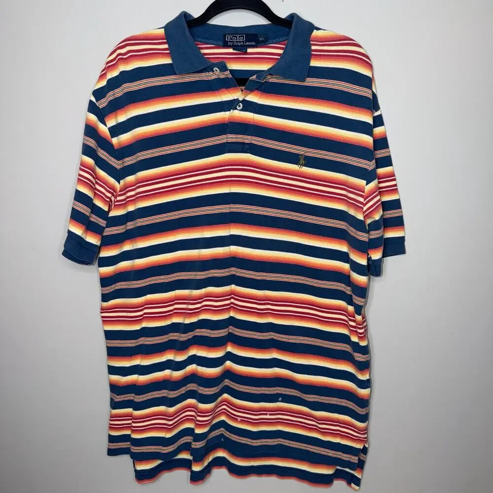 Polo Ralph Lauren Mens Size XL Blue Yellow Orange Stripe Short Sleeve Polo Shirt